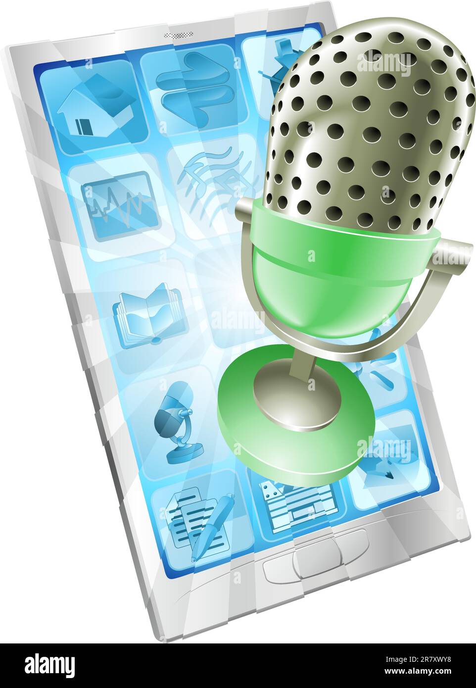 A microphone flying out of phone screen. Concept for anything relating to online or computer recordings or music Stock Vector