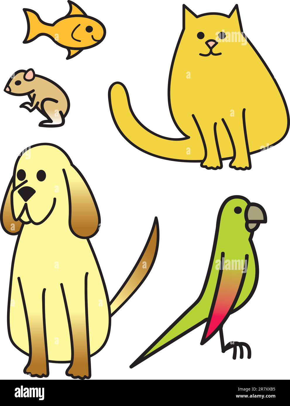 Five common house pets drawn in a cartoon style. Stock Vector