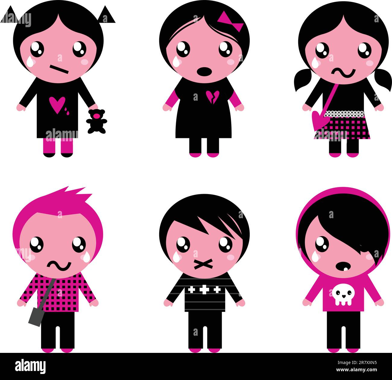 Six cute stylized teenegers  in emo style. Vector retro Illustration. Stock Vector