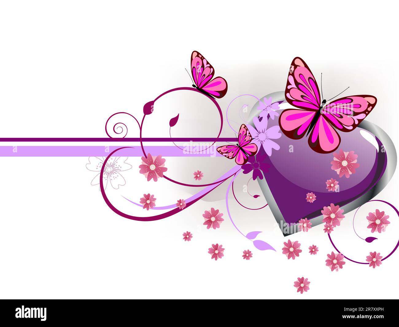 vector illustration of a purple heart and colorful butterflies on a floral background Stock Vector