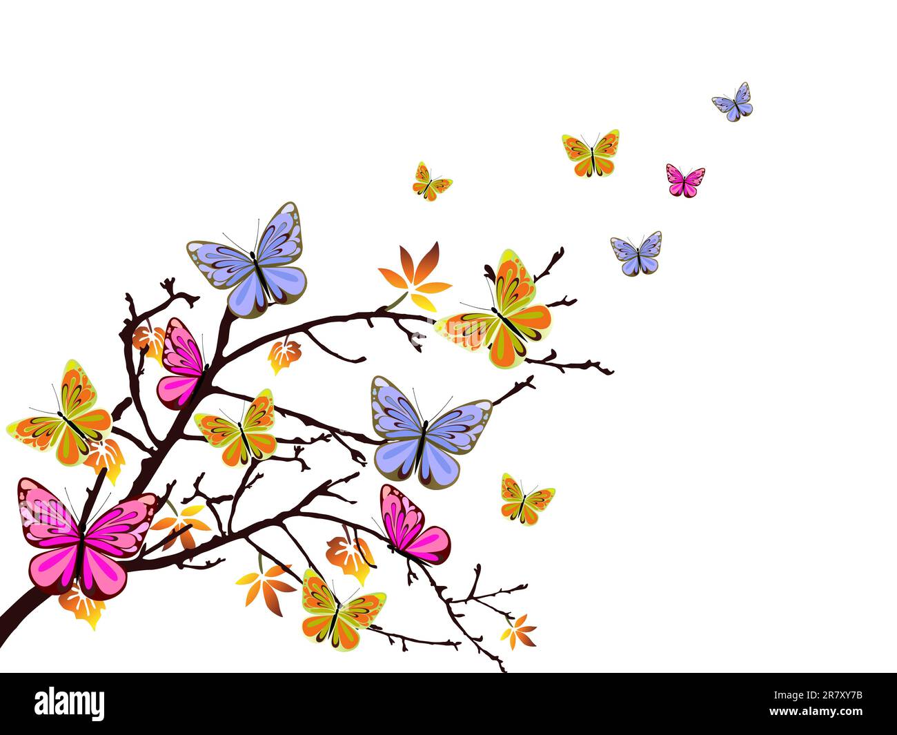 vector illustration of colorful butterflies flying around an autumn ...