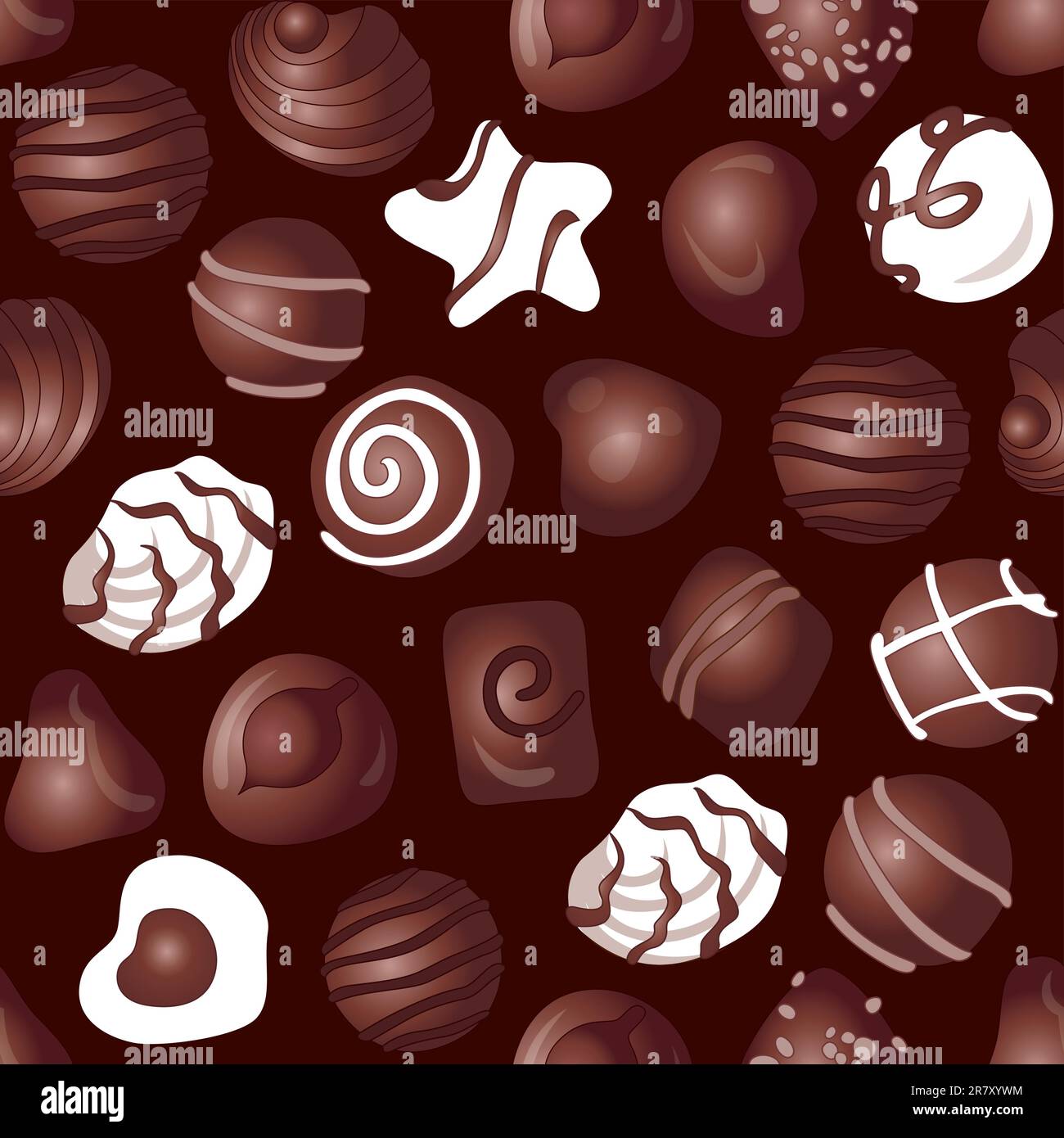 A lot of different delicious chocolates on a dark brown background