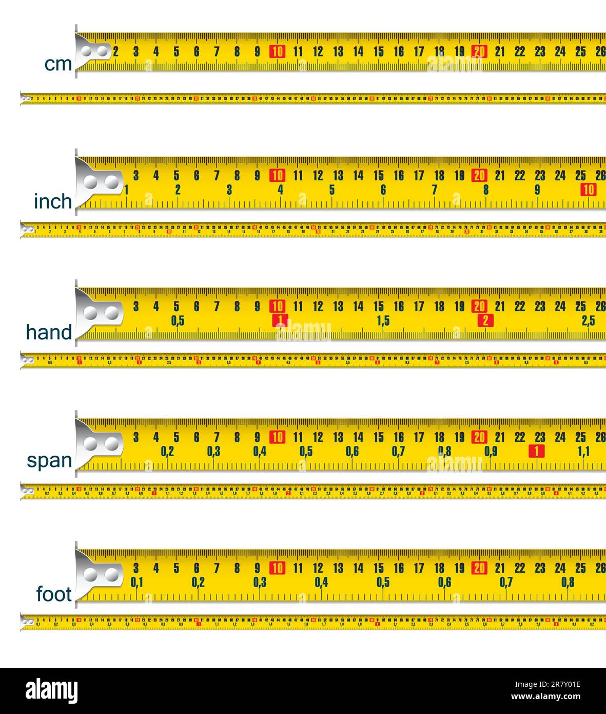 tape measure in cm, cm and inch, cm and hand, cm and span, cm and foot - vector illustration Stock Vector