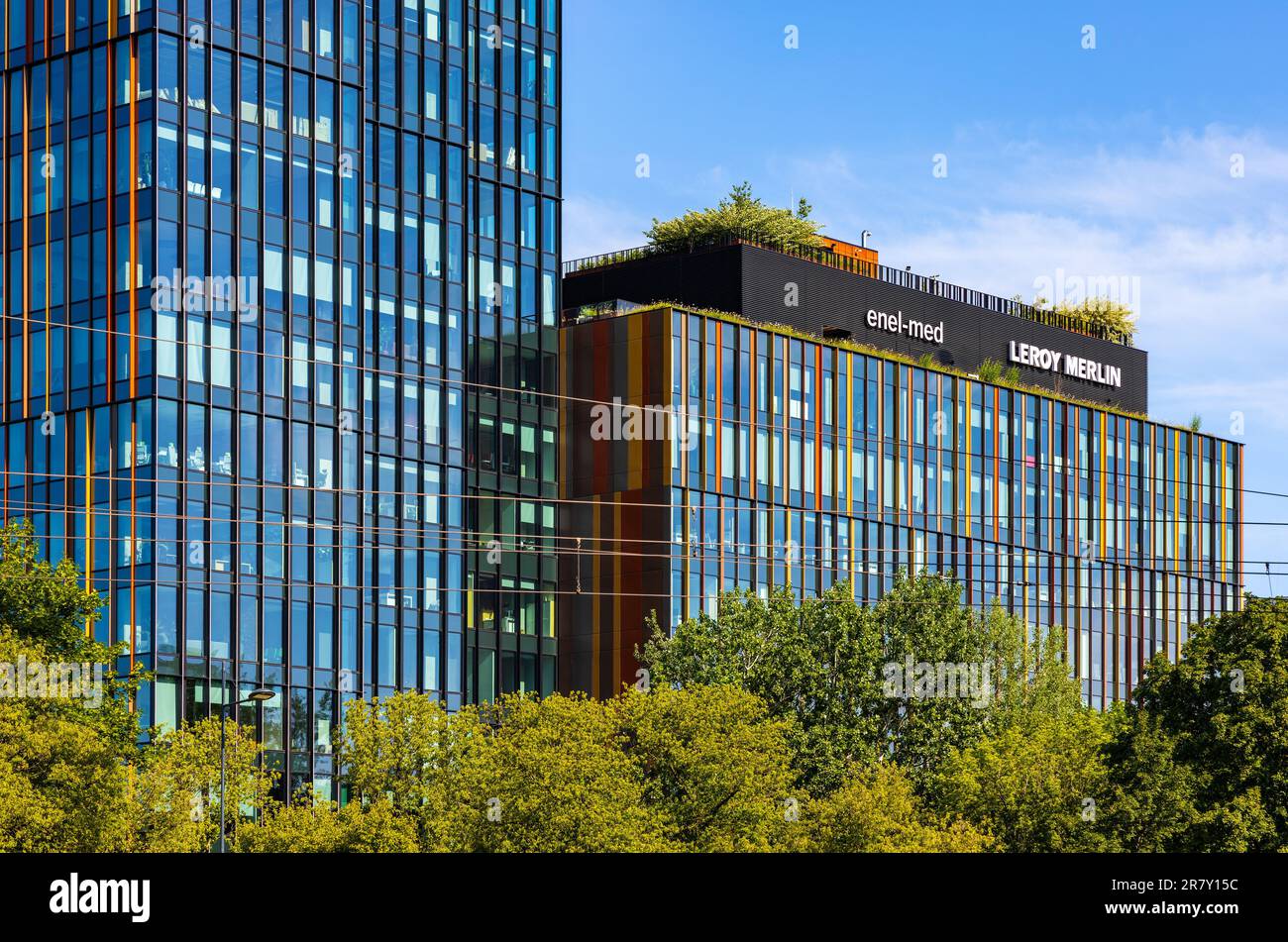 Warsaw, Poland - June 4, 2023: Forest office and retail complex by HB Reavis at Burakowska street and Rondo Radoslawa roundabout in Wola district Stock Photo