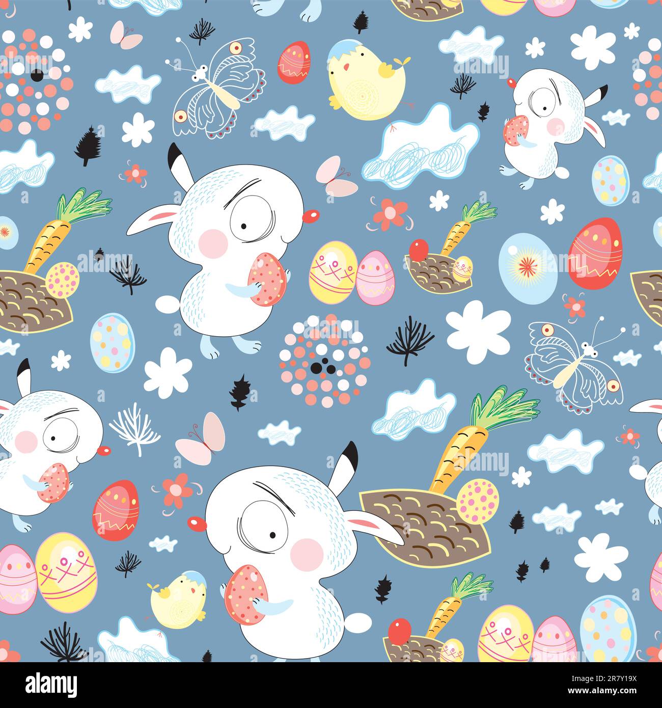 Seamless Easter pattern of rabbits on a blue background with clouds and eggs Stock Vector