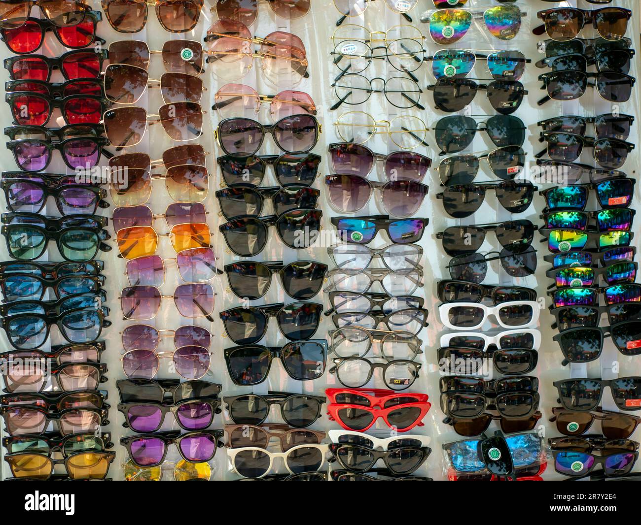 Yogyakarta, Indonesia - June 1, 2023 :Sun glasses with unique shapes and colors on the streets of the tourist city of Yogyakarta, Indonesia Stock Photo