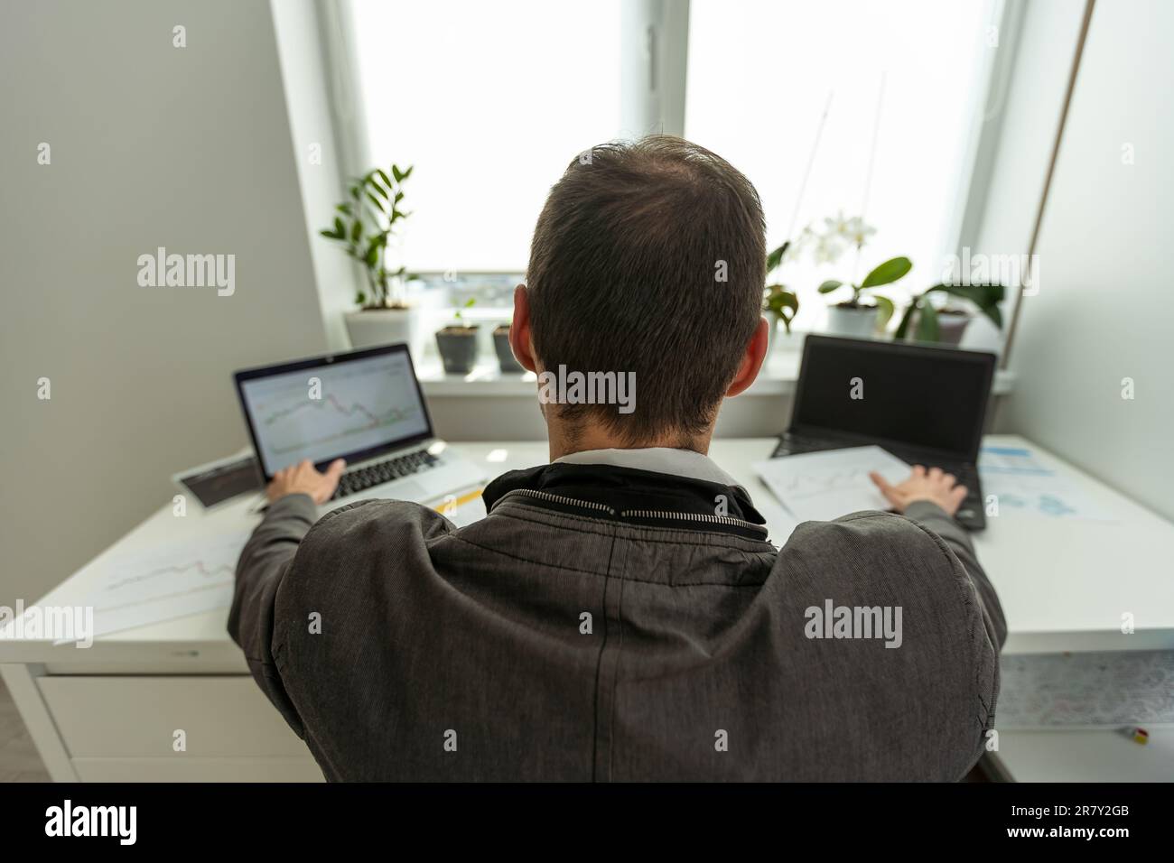 Trading stocks online. Back view of young businessman or trader working ...