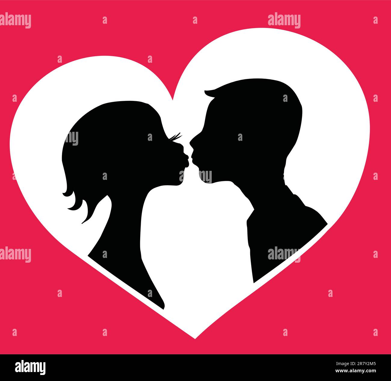 Kissing boy and girl silhouettes in heart shape background. Vector eps8 ...