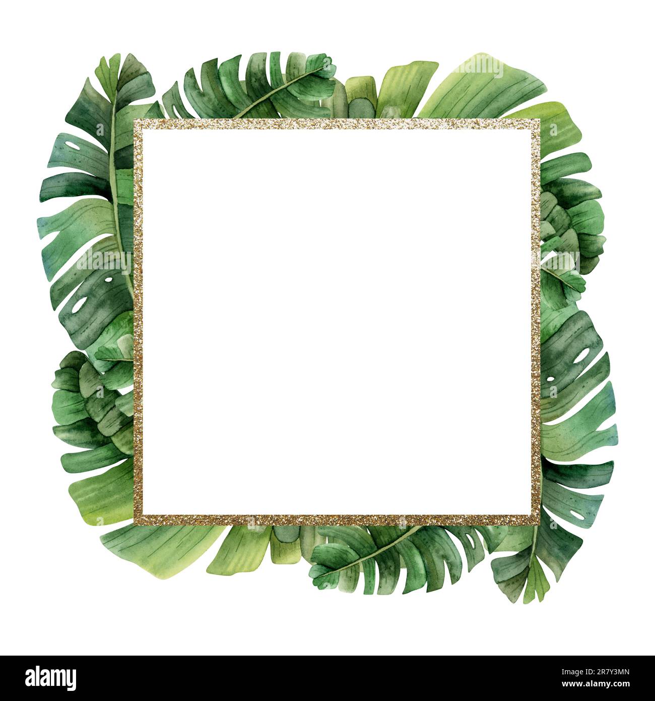Square tropical palm leaves gold frame watercolor illustration with copy scape for text for labels, stickers, coupons Stock Photo
