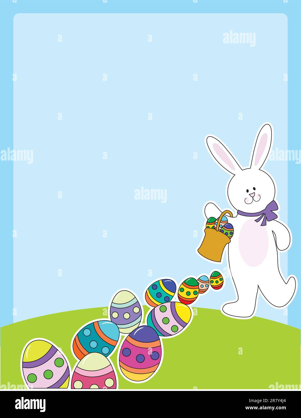 A smiling white bunny rabbit is leaving a trail of Easter eggs, as they