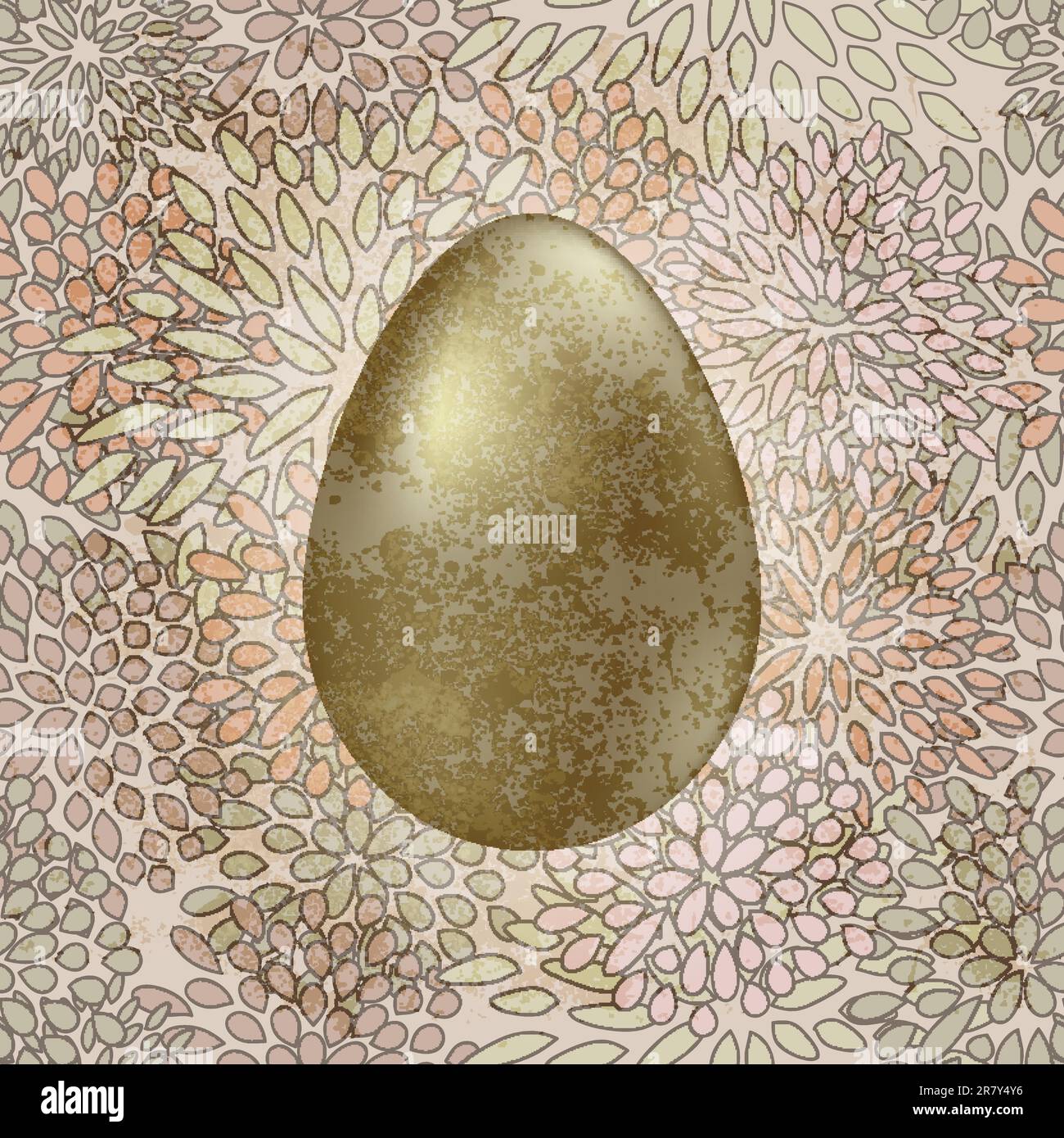 vector golden easter egg on seamless floral spring retro background Stock Vector