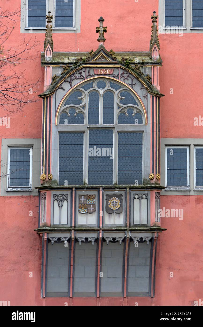 Gothic ornamental bay window from 1530 at the Schoeffenhaus, Old Town Koblenz, Rhineland-Palatinate, Germany Stock Photo