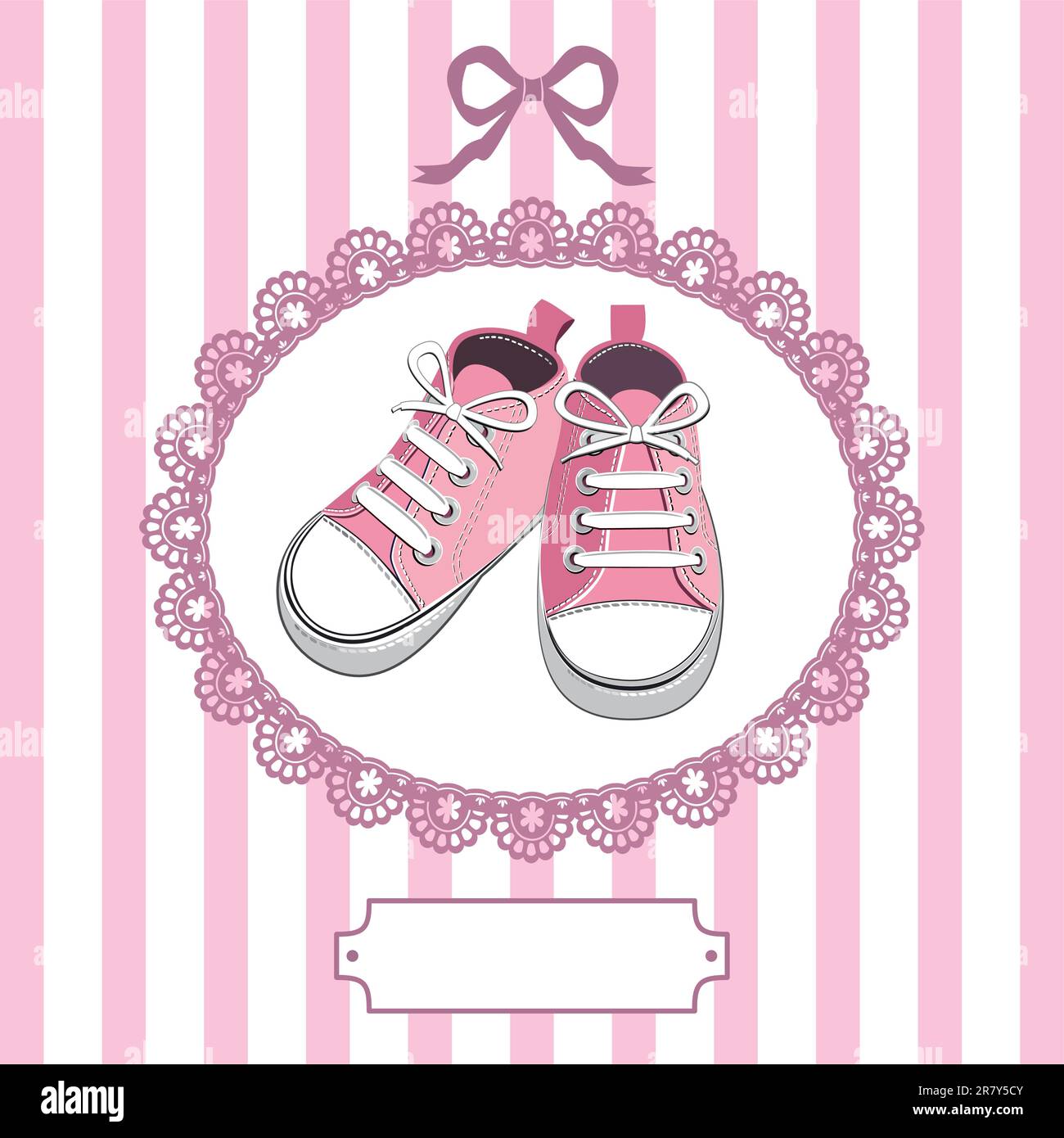 Pink shoes or pair kids sneaker background, oval lace frame, ribbon and shield for you text Stock Vector