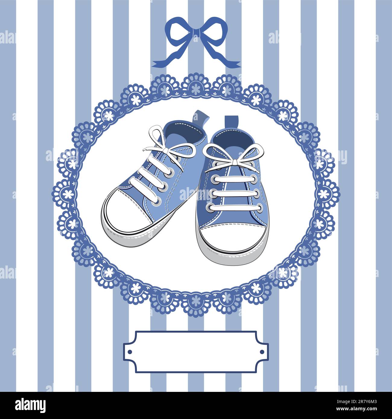 Blue shoes or pair kids sneaker background, oval lace frame, ribbon and shield for you text Stock Vector