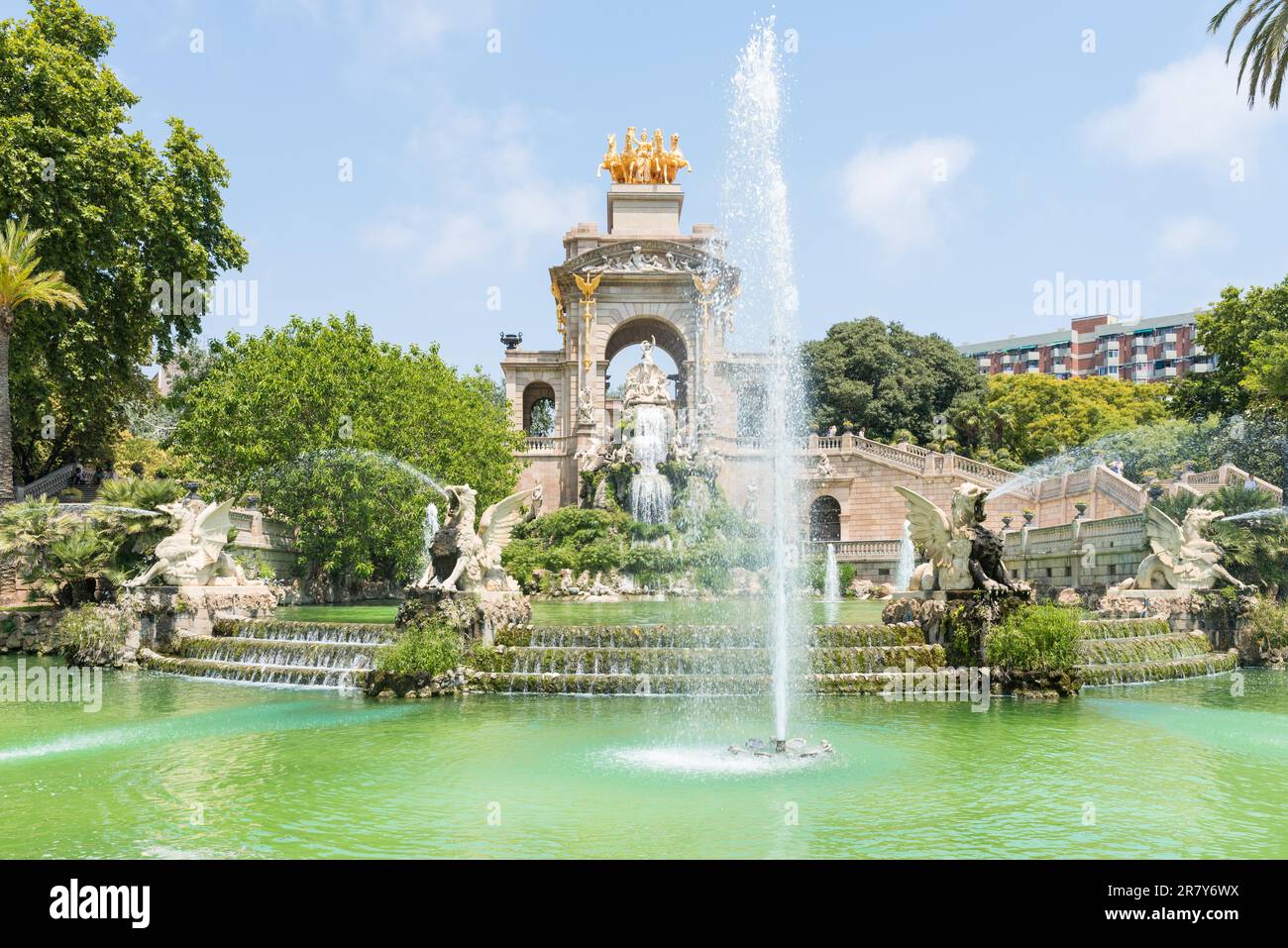 The golden Quadriga on the top of the Font de la Cascada in the Parc de la Ciutadella. The Park, established during the mid-19th, situated in the Stock Photo