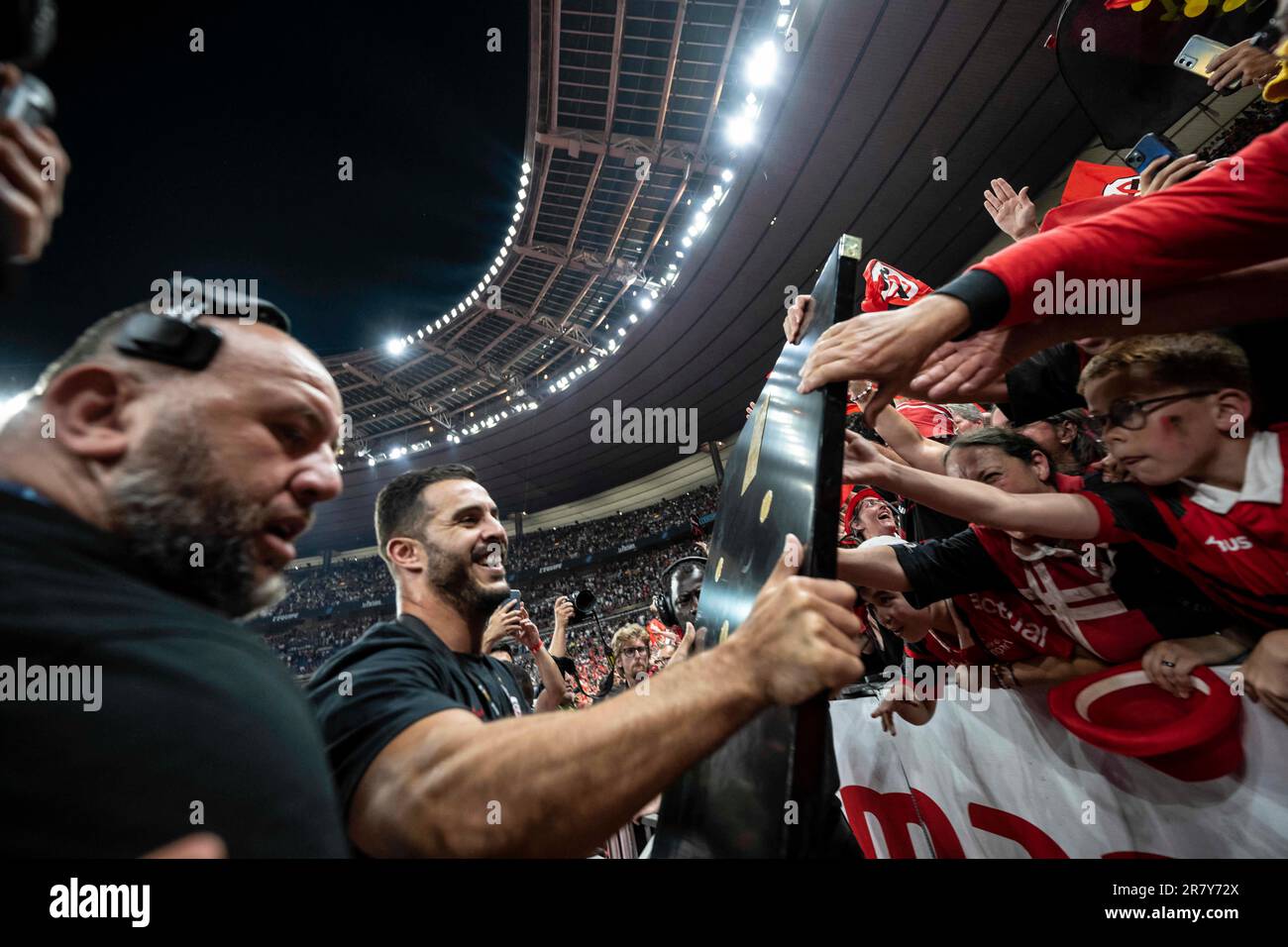 Saint Denis, France. 18th June, 2023. Toulouse players celebrate with the  Bouclier de Brennus (Brennus Shield) trophy after winning the French Top14  rugby union final match between Stade Toulousain Rugby (Toulouse) and