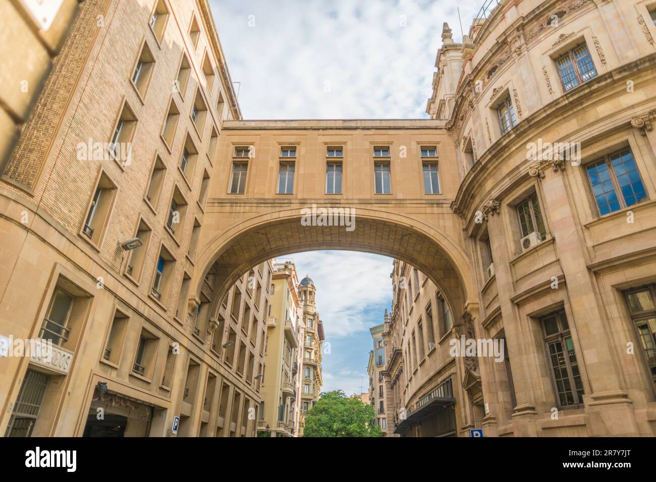 Skybridge from the post office to the opposite building. The main post office in the Ciutat Vella Barcelona, the Edifici central de Correus i Stock Photo