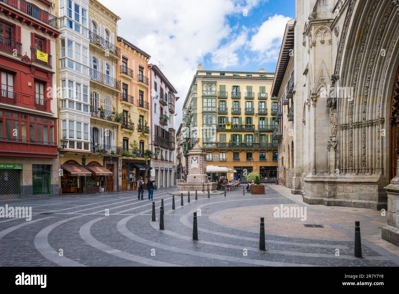The St. James square, basque, Done Jakue plaza in the old town of Bilbao. it is a medieval neighbourhood in the Casco Viejo with the Cathedral in Stock Photo