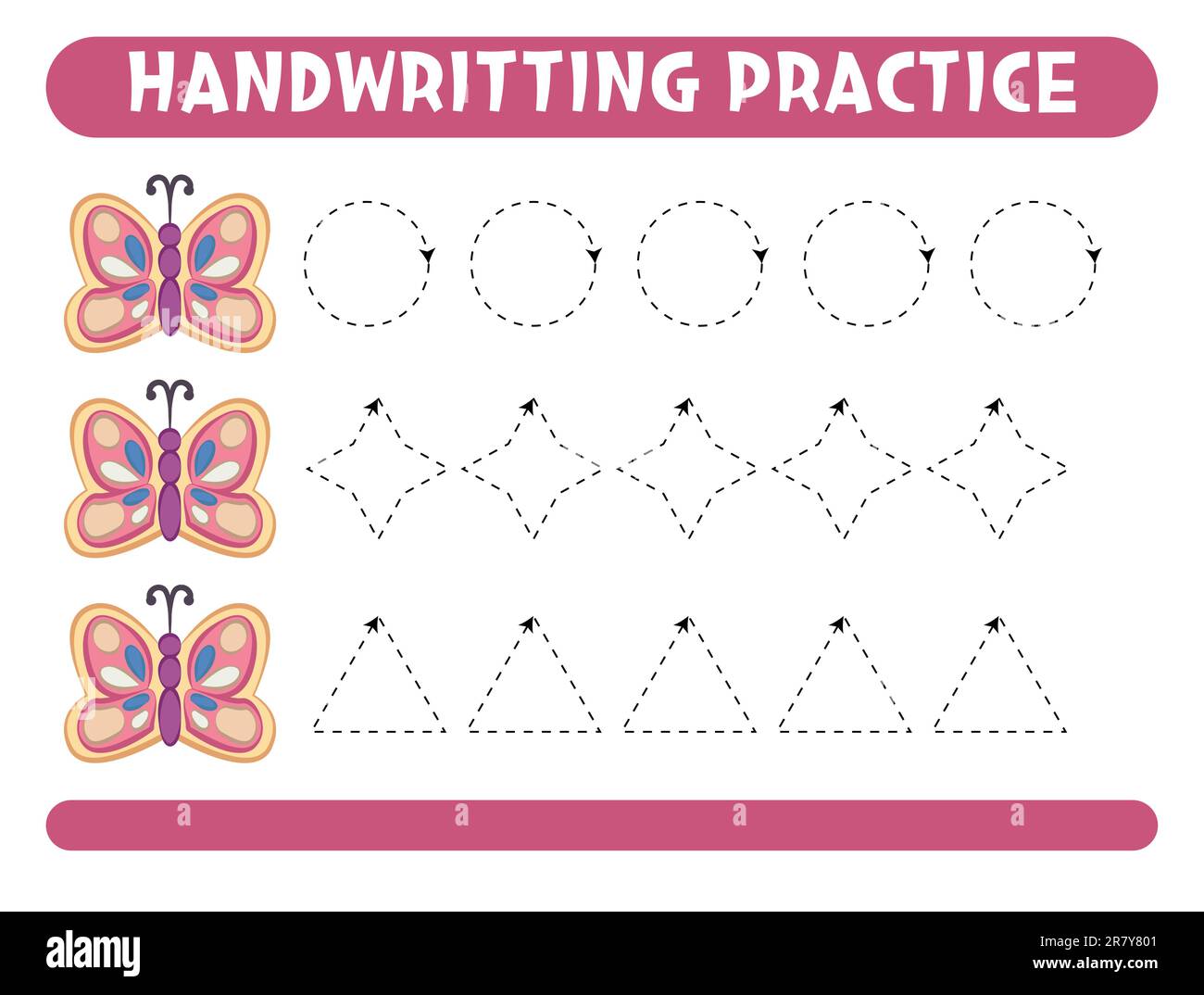 Tracing lines with cute butterfly. Handwriting practice. . Vector