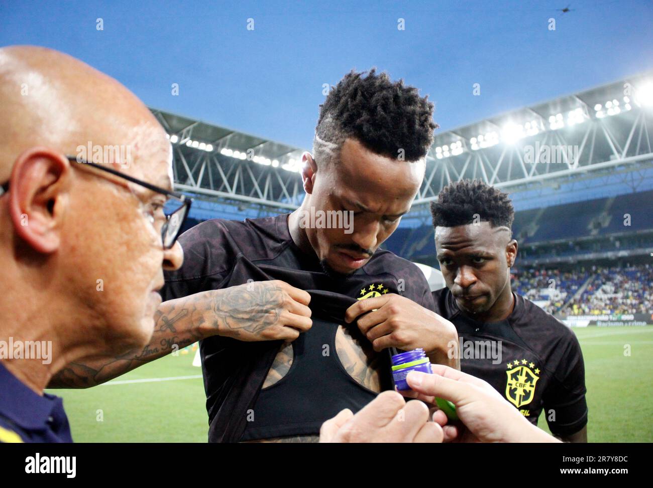 Sabadell, Barcelona, Spain. 17th June, 2023. Barcelona Spain 17.06.2023 Eder Militao (Brazil) gestures during the Friendly match between Brazil and Guinea at RCDE Stadium on 17 June 2023 in Barcelona. (Credit Image: © Xavi Urgeles/ZUMA Press Wire) EDITORIAL USAGE ONLY! Not for Commercial USAGE! Stock Photo