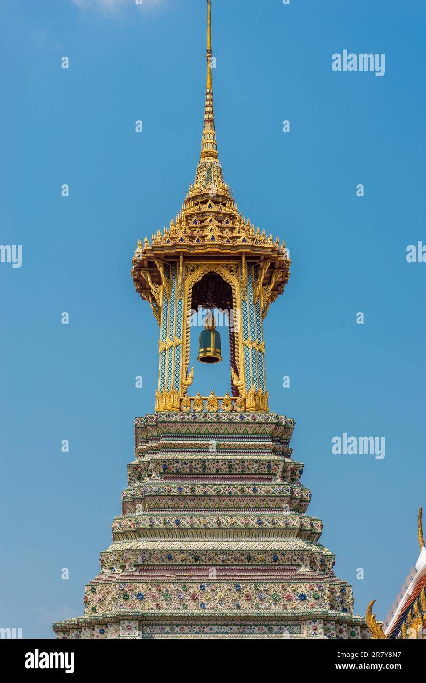 Belfry in the the famous Buddhist temple Wat Phra Kaeo in Bangkok. The Wat Phra Kaew, commonly known in English as the Temple of the Emerald Buddha Stock Photo