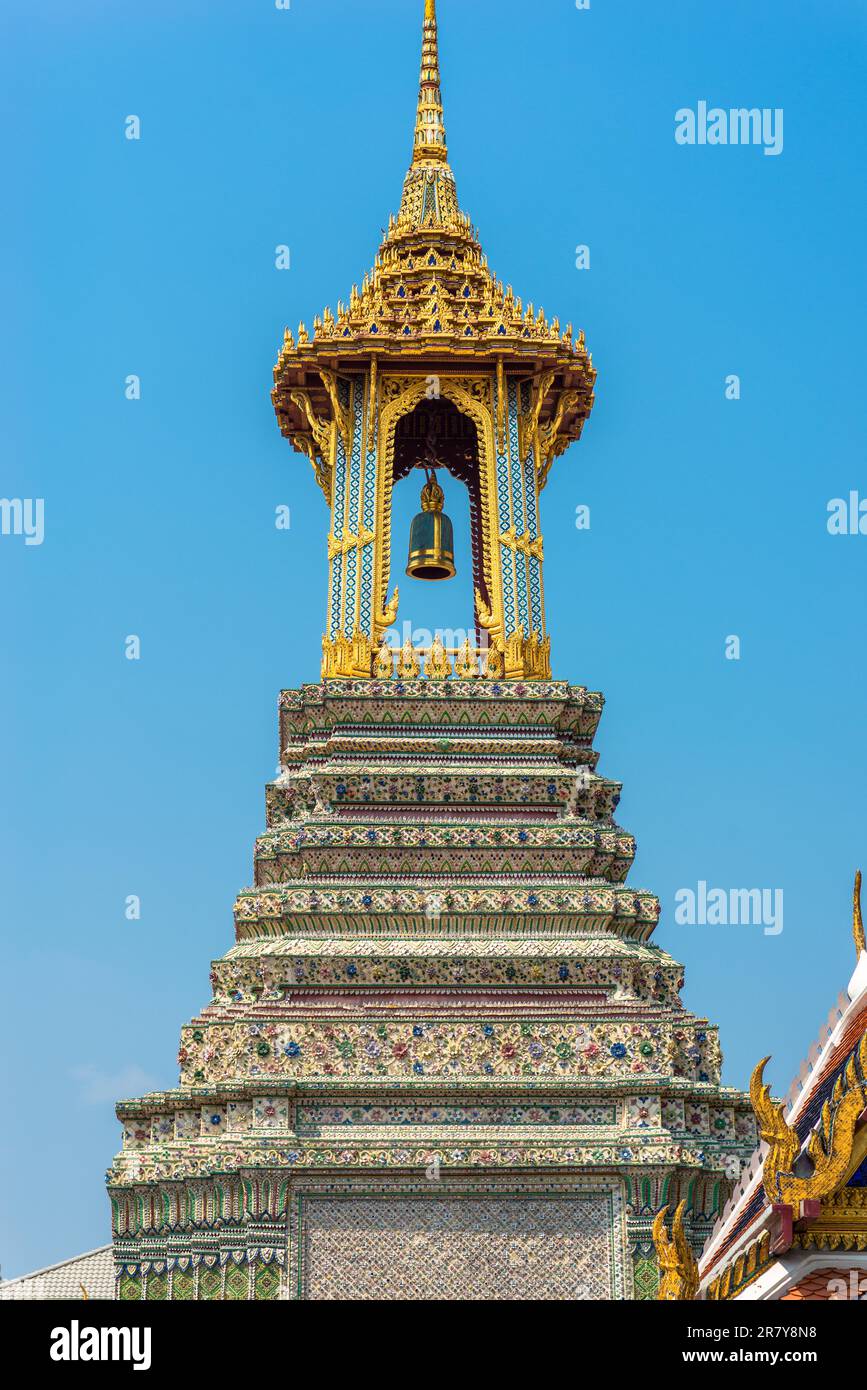 Belfry in the the famous Buddhist temple Wat Phra Kaeo in Bangkok. The Wat Phra Kaew, commonly known in English as the Temple of the Emerald Buddha Stock Photo