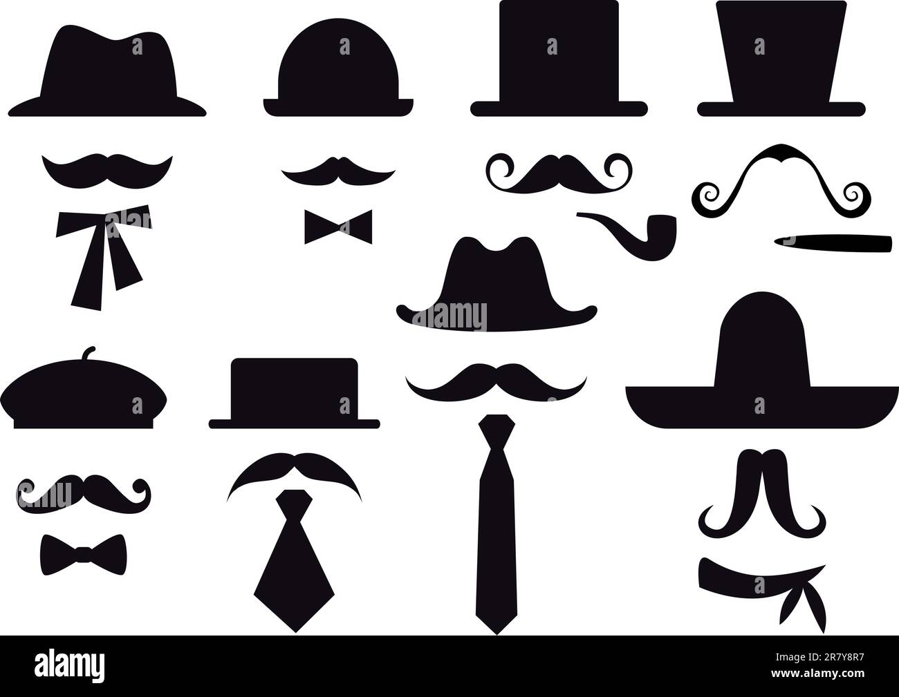 moustaches, hats and ties, gentleman vector set Stock Vector