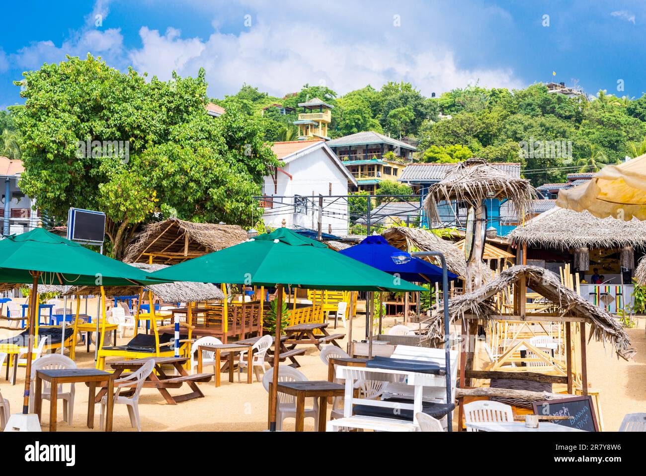 Taverns, restaurants and music bars at the beach of Unawatuna, one of