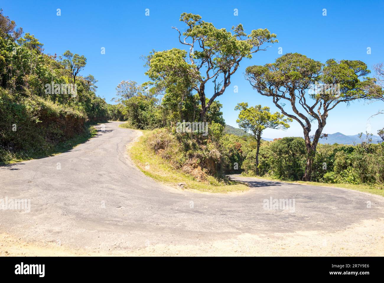 The worlds end road. The highway b512 goes up by serpentine to the Horton Plains in the Central province of Sri Lanka Stock Photo