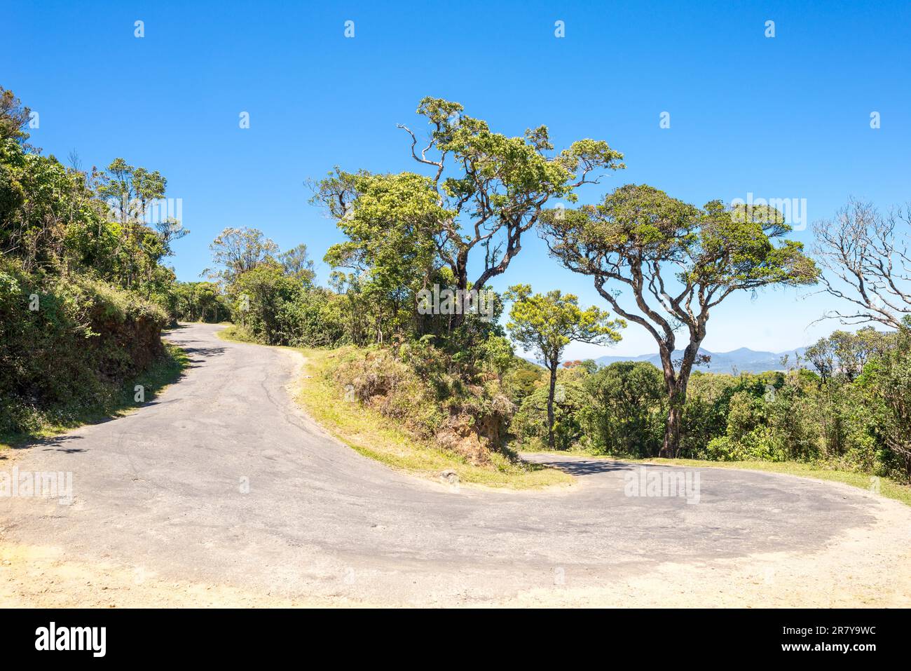 The worlds end road. The highway b512 goes up by serpentine to the Horton Plains in the Central province of Sri Lanka Stock Photo