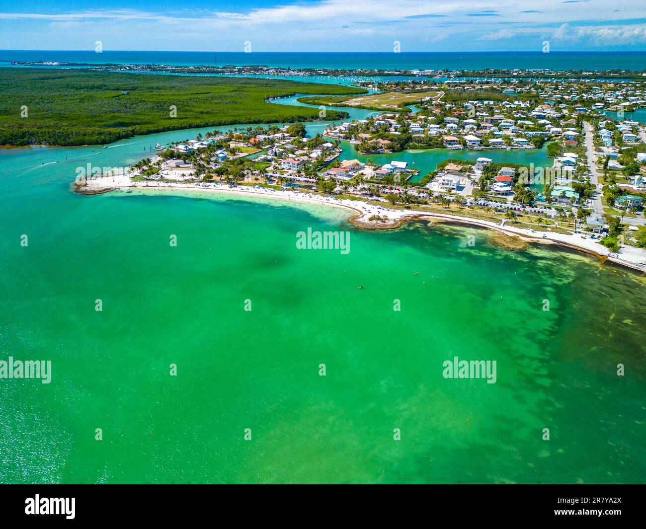 Aerial view of Sombrero Beach with palm trees on the Florida Keys