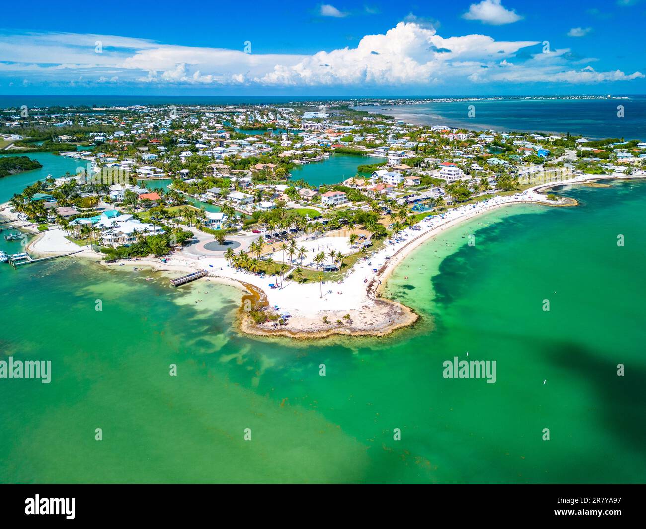 Aerial view of Sombrero Beach with palm trees on the Florida Keys