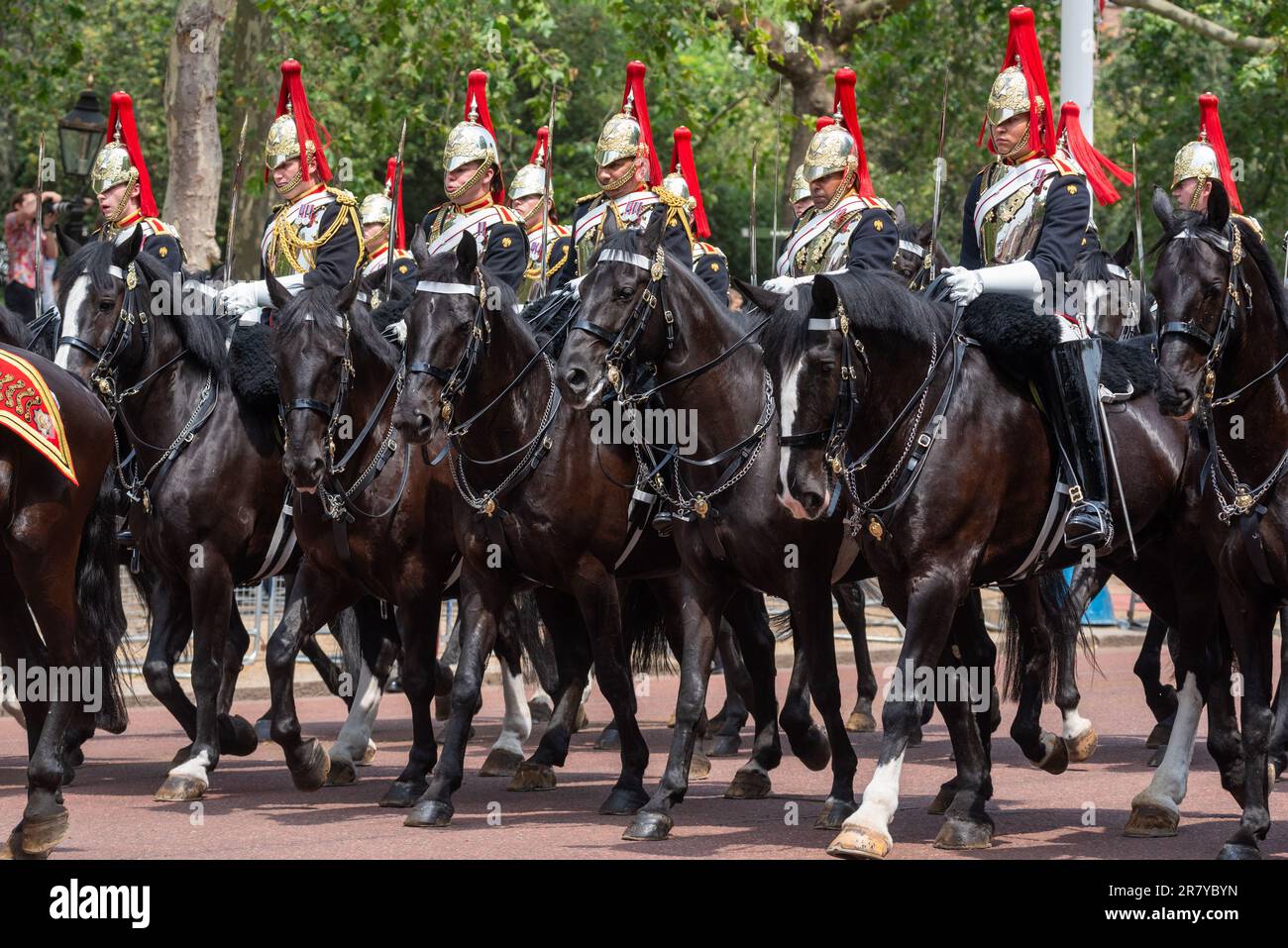 Blues & Royals of the Household Cavalry Mounted Regiment at Trooping the Colour in The Mall, London, UK. Sovereign's escort of British Army riders Stock Photo