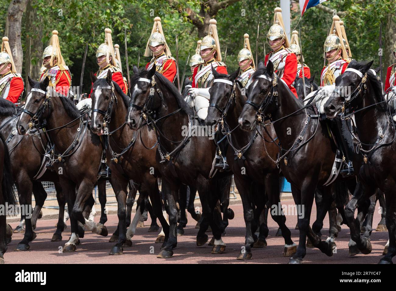 The Life Guards of the Household Cavalry Mounted Regiment at Trooping the Colour in The Mall, London, UK. Sovereign's escort of British Army riders Stock Photo