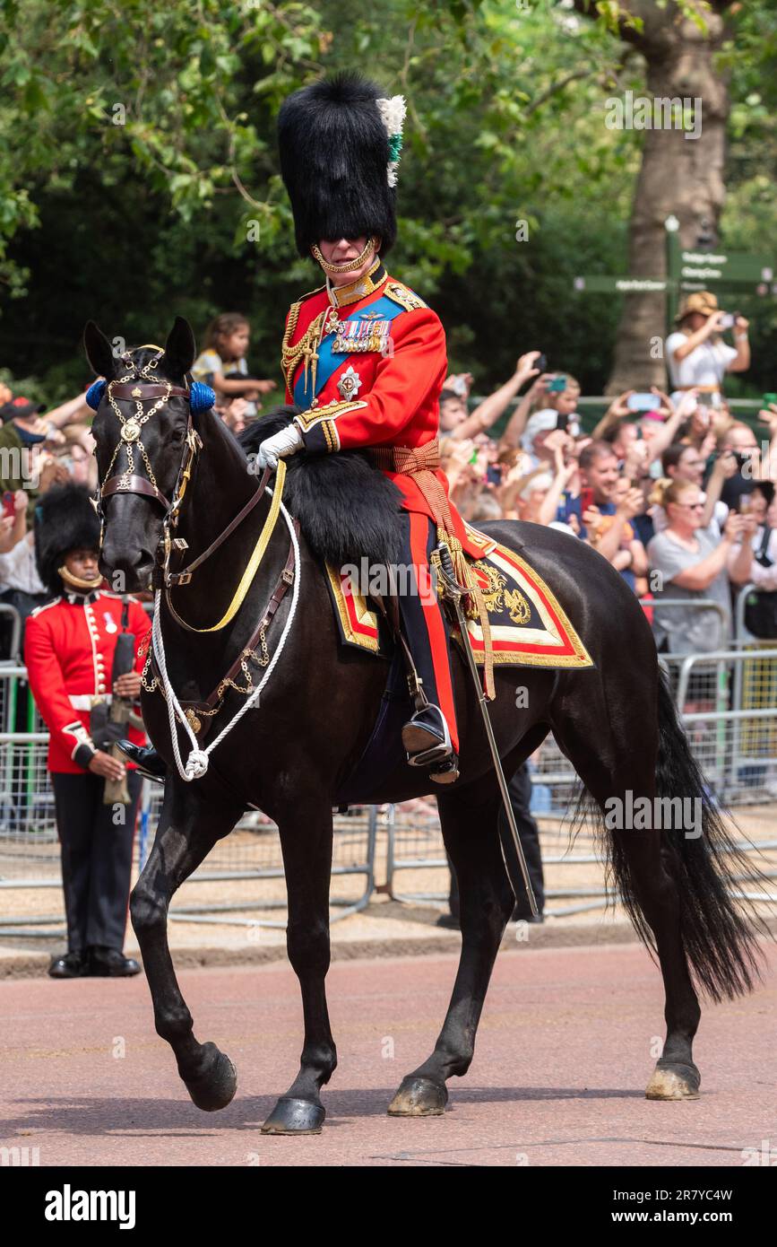 King Charles III riding at Trooping the Colour in The Mall, London, UK