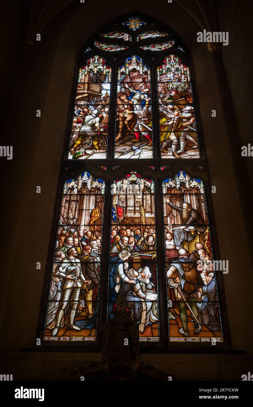 Assassination and funeral of regent Moray, stained glass window (1881) in St Giles Cathedral interior in city of Edinburgh, Scotland, UK. Stock Photo