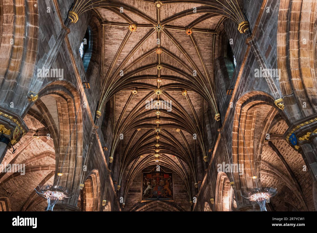 Rib vault in St. Giles Cathedral interior in Edinburgh, Scotland, UK. Vaulted ceiling in parish church also known as the the High Kirk, located in the Stock Photo