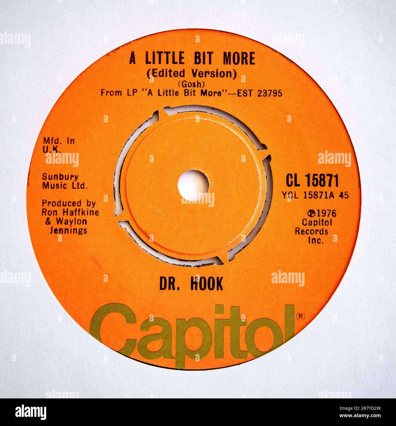 Centre label of the seven inch single version of A Little Bit More by Dr Hook, which was released in 1976 Stock Photo