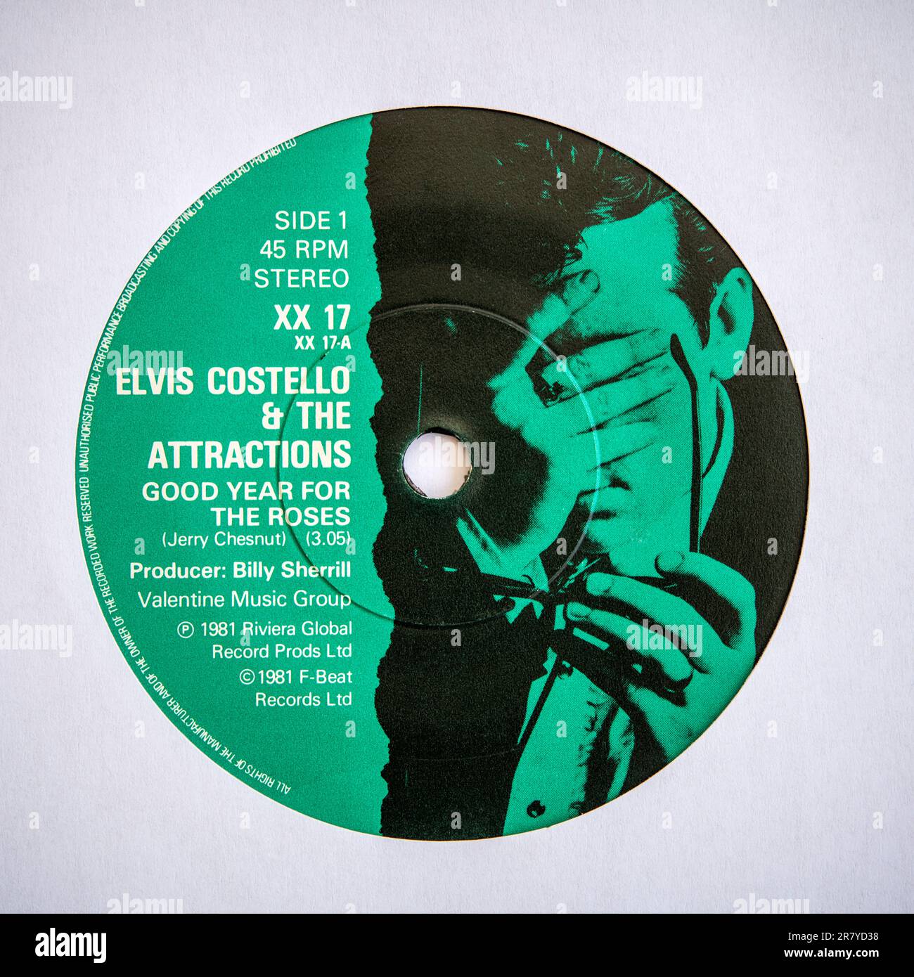 Centre label of the seven inch single version of Good Year For the Roses by Elvis Costello and The Attractions, which was released in 1981 Stock Photo