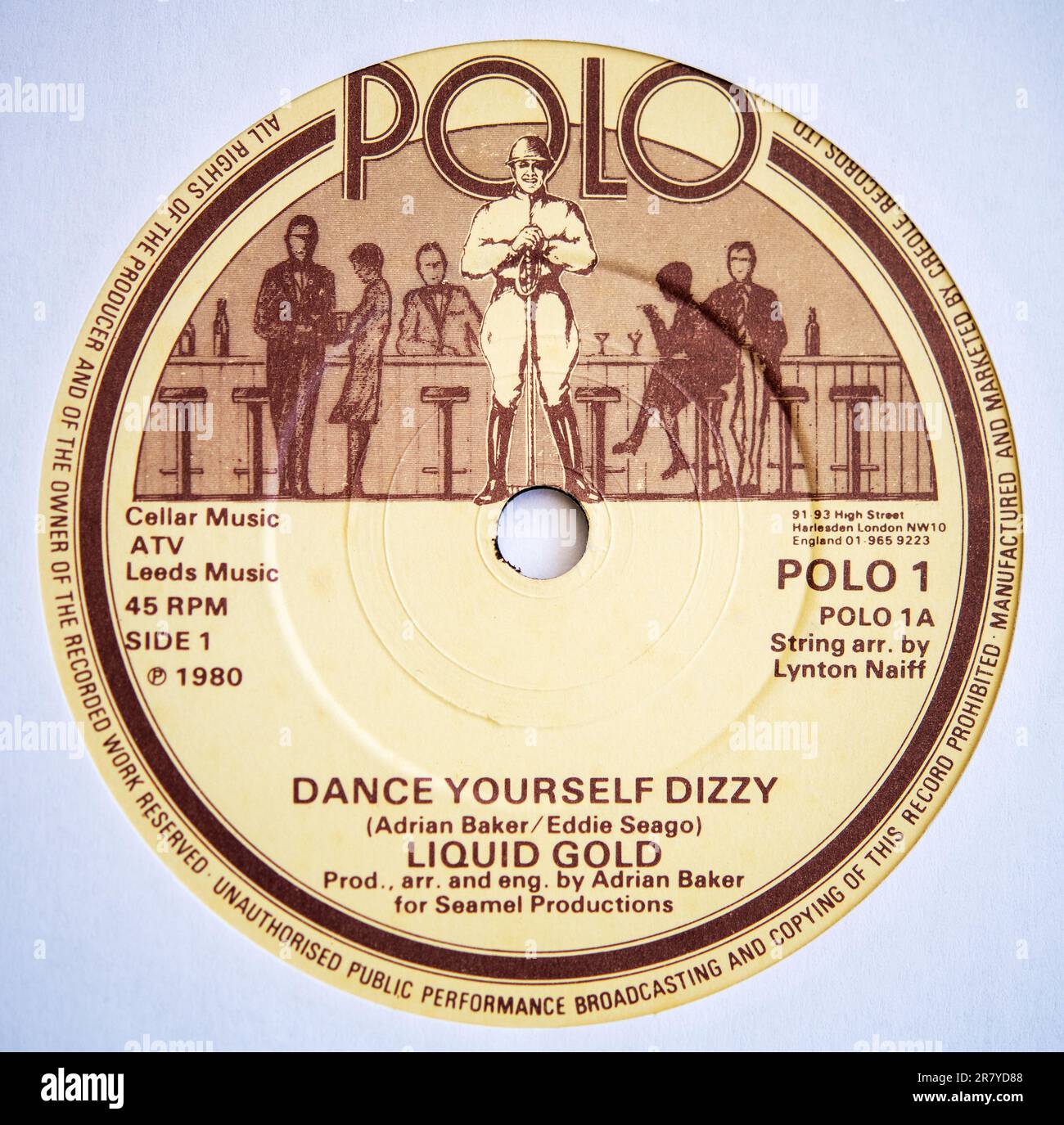 Centre label of the seven inch single version of Dance Yourself Dizzy by Liquid Gold, which was released in 1980 Stock Photo