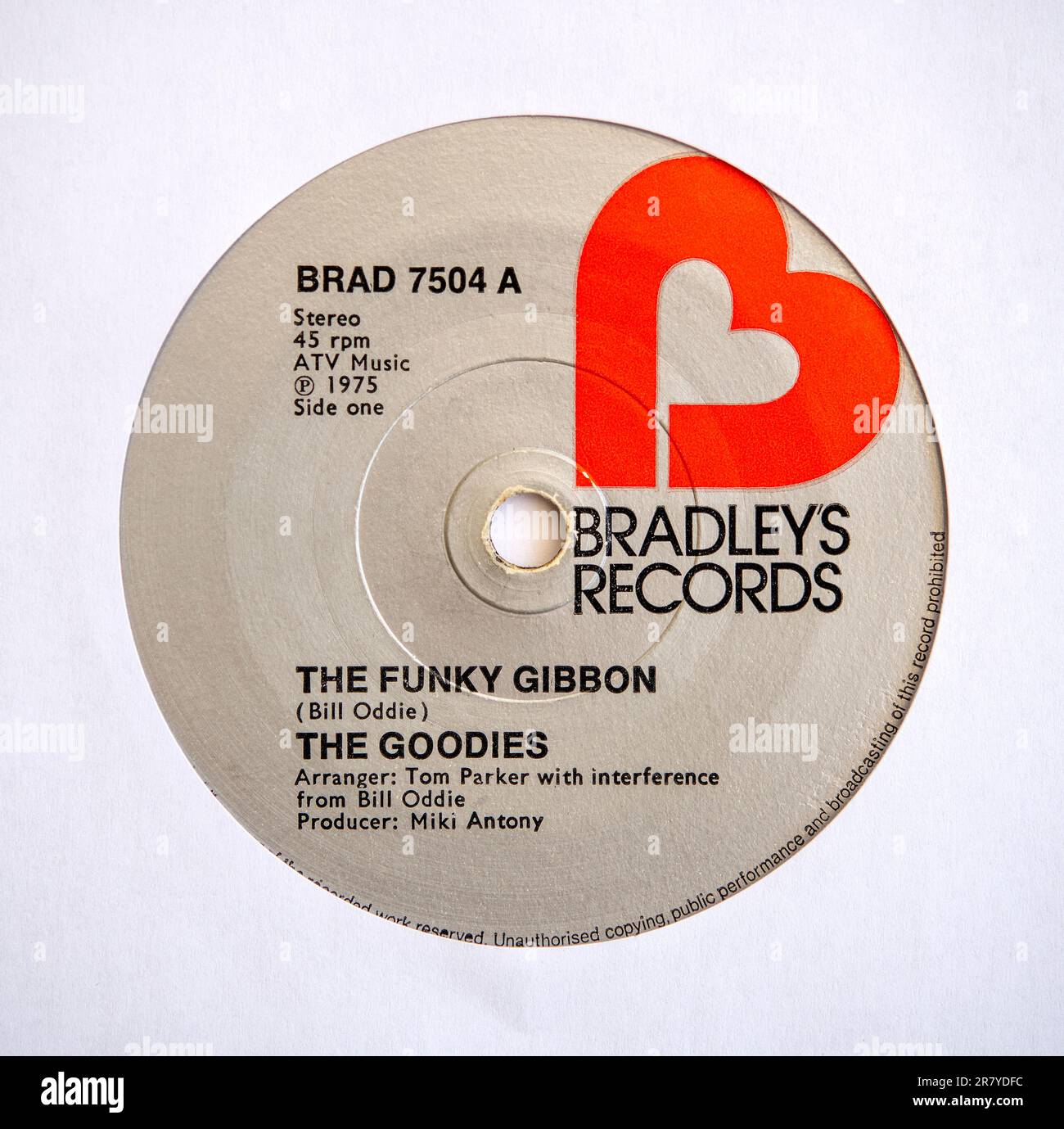 Centre label of the seven inch single version of The Funky Gibbon by The Goodies, which was released in 1975 Stock Photo