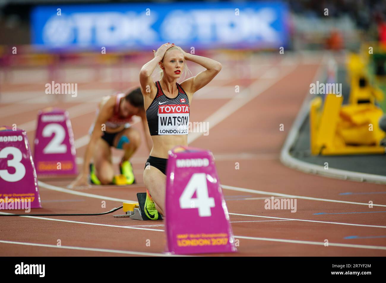 Sage Watson participating in the 400 meters hurdles at the World ...