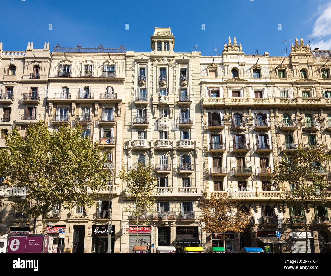 Huge city blocks in the Catalan modernism art of Catalonia in the street Paral-lel in the St. Antoni district of Barcelona Stock Photo