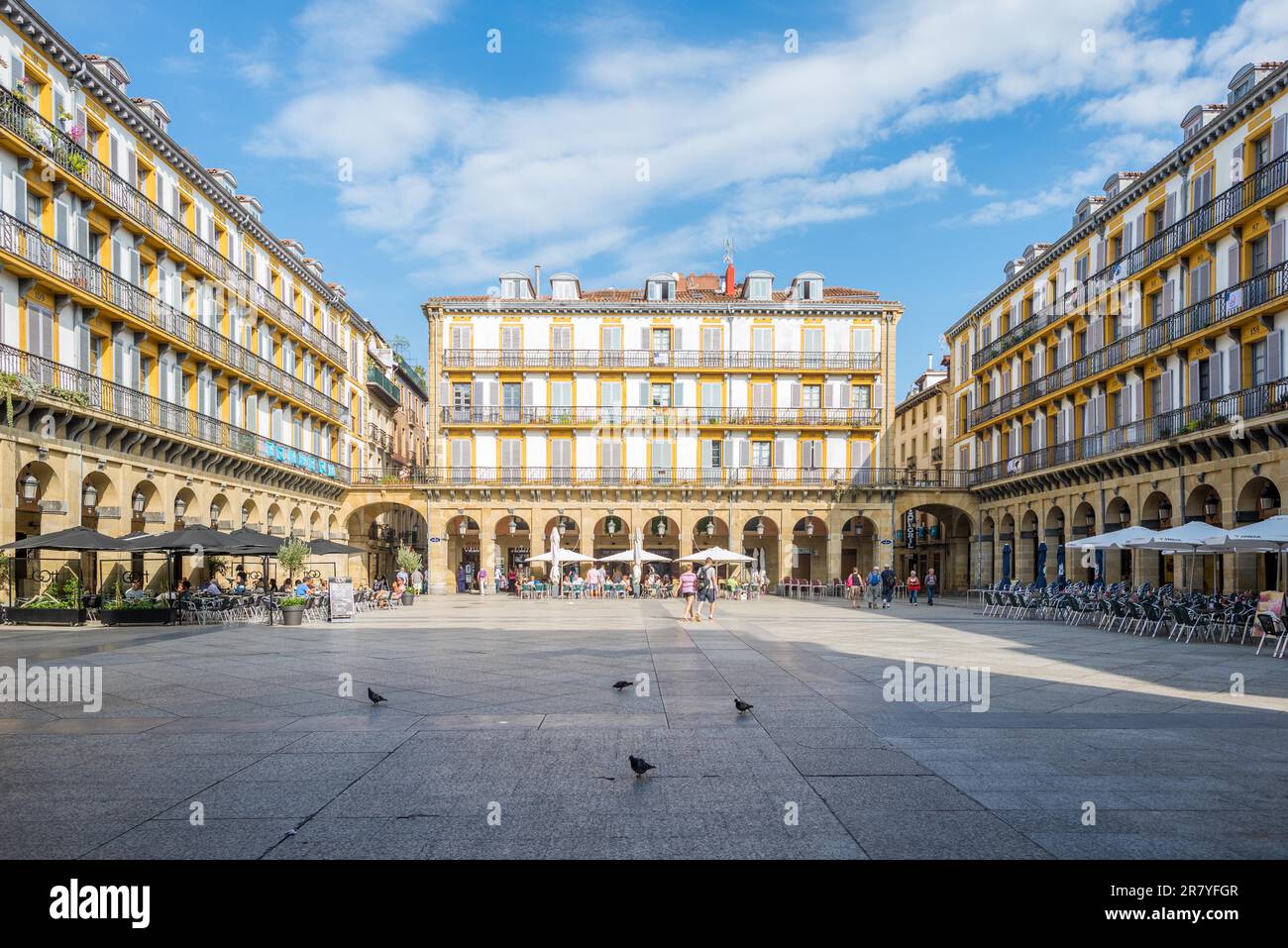 Historical buildings around the Constitution square in Donostia, The square, Spanish, Plaza de la Constitution is also a former bullfight ring Stock Photo