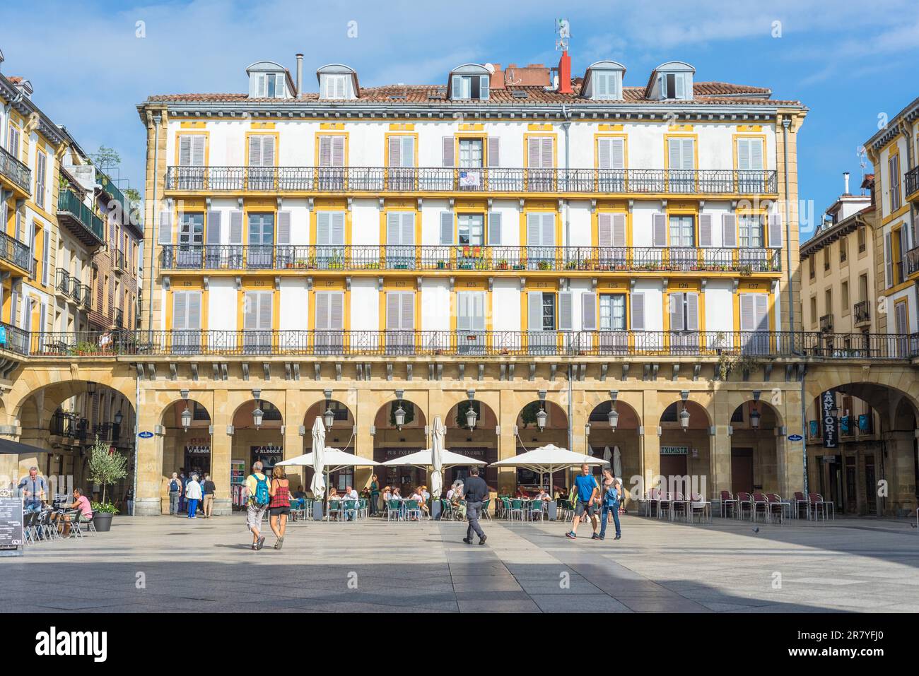 Historical buildings around the Constitution square in Donostia, The square, Spanish, Plaza de la Constitution is also a former bullfight ring Stock Photo