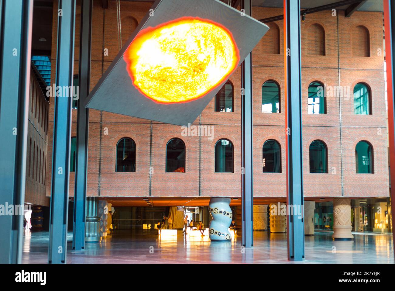 Huge electronic visual display in the Azkuna Centre, in Basque Azkuna Zentroa, shows the sun and gives information in the multi-purpose venue Stock Photo