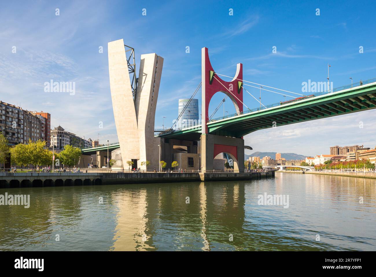 The famous bridge La Salve, in Basque Salbeko Zubia, and the Nervion river that runs through the city of Bilbao into the Cantabrian Sea Stock Photo
