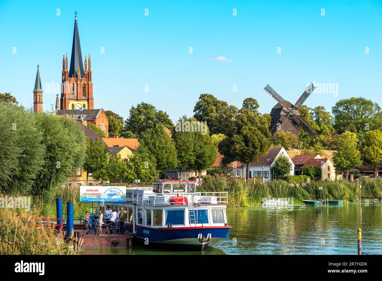 Passenger ship at a pontoon in Werder, offers round trips on the river Havel and to several lakes nearby Stock Photo