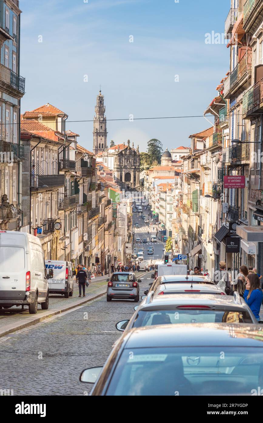 View towards to the famous church Igreja dos Clerigos in the Vitoria district of Porto Stock Photo