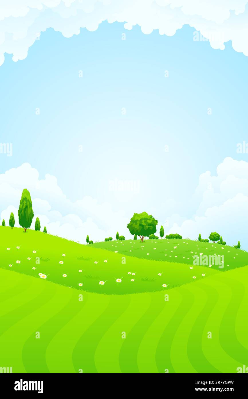 Green Landscape with trees clouds and flowers Stock Vector Image & Art ...